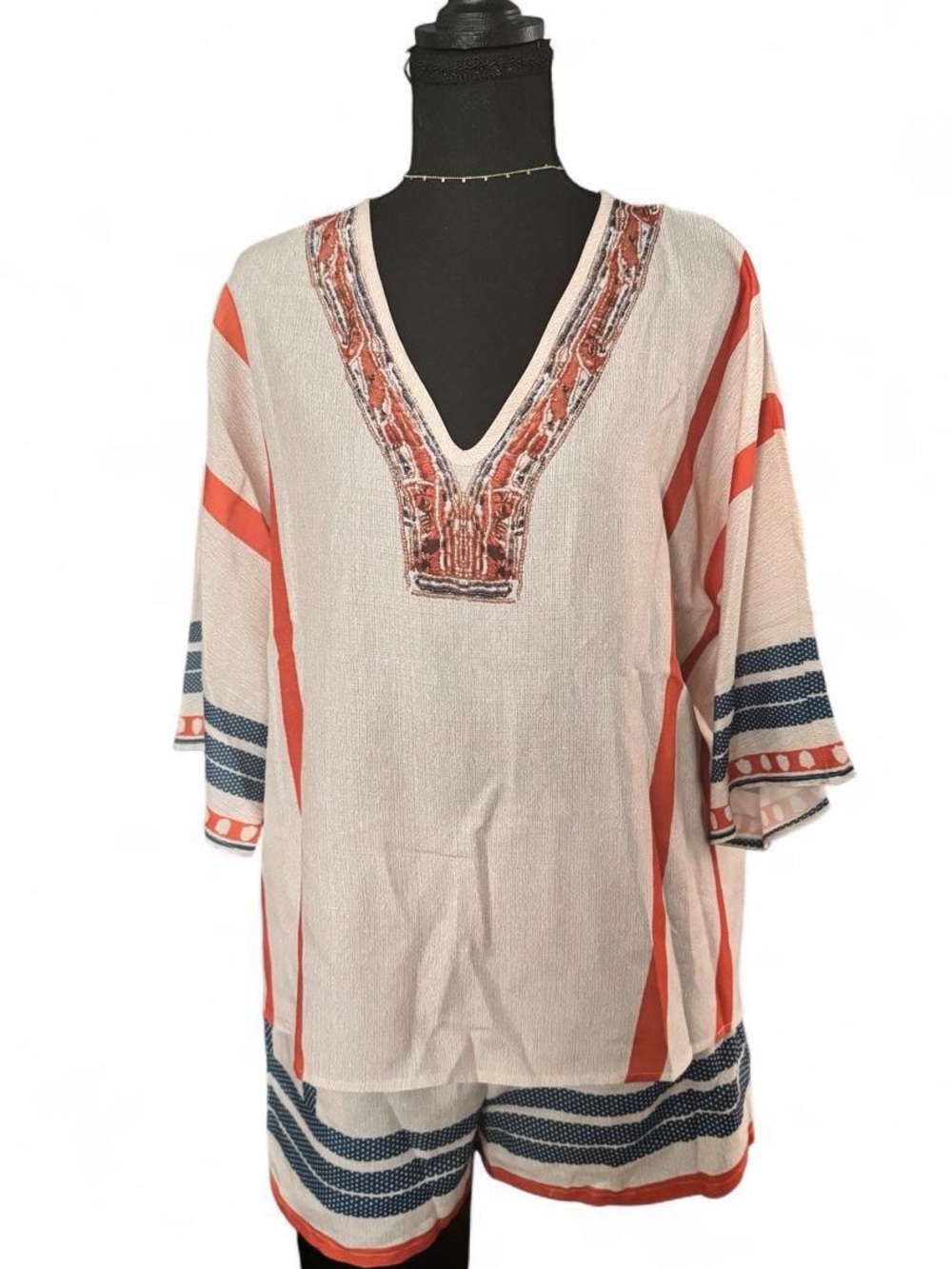 Bohemian V-Neck Printed Tunic Top with  Shorts (Coral & Navy Accents)